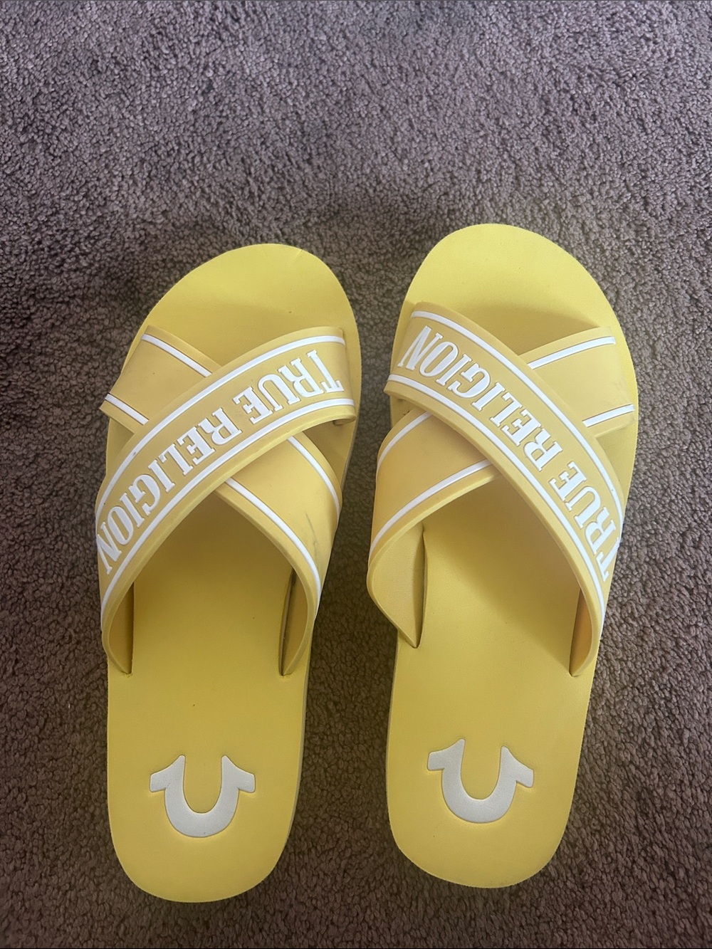 True Religion Yellow Crisscross Logo Slide Sandals